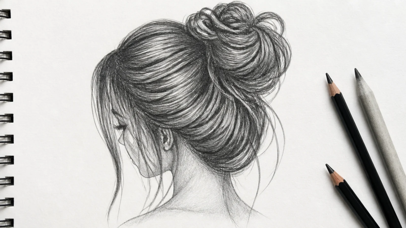 Pencil sketch of a high messy bun girl hairstyle with loose face framing strands and graphite shading