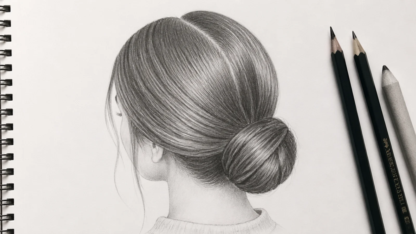 Graphite sketch of a sleek low bun on a girl with a visible center part and smooth gradient shading