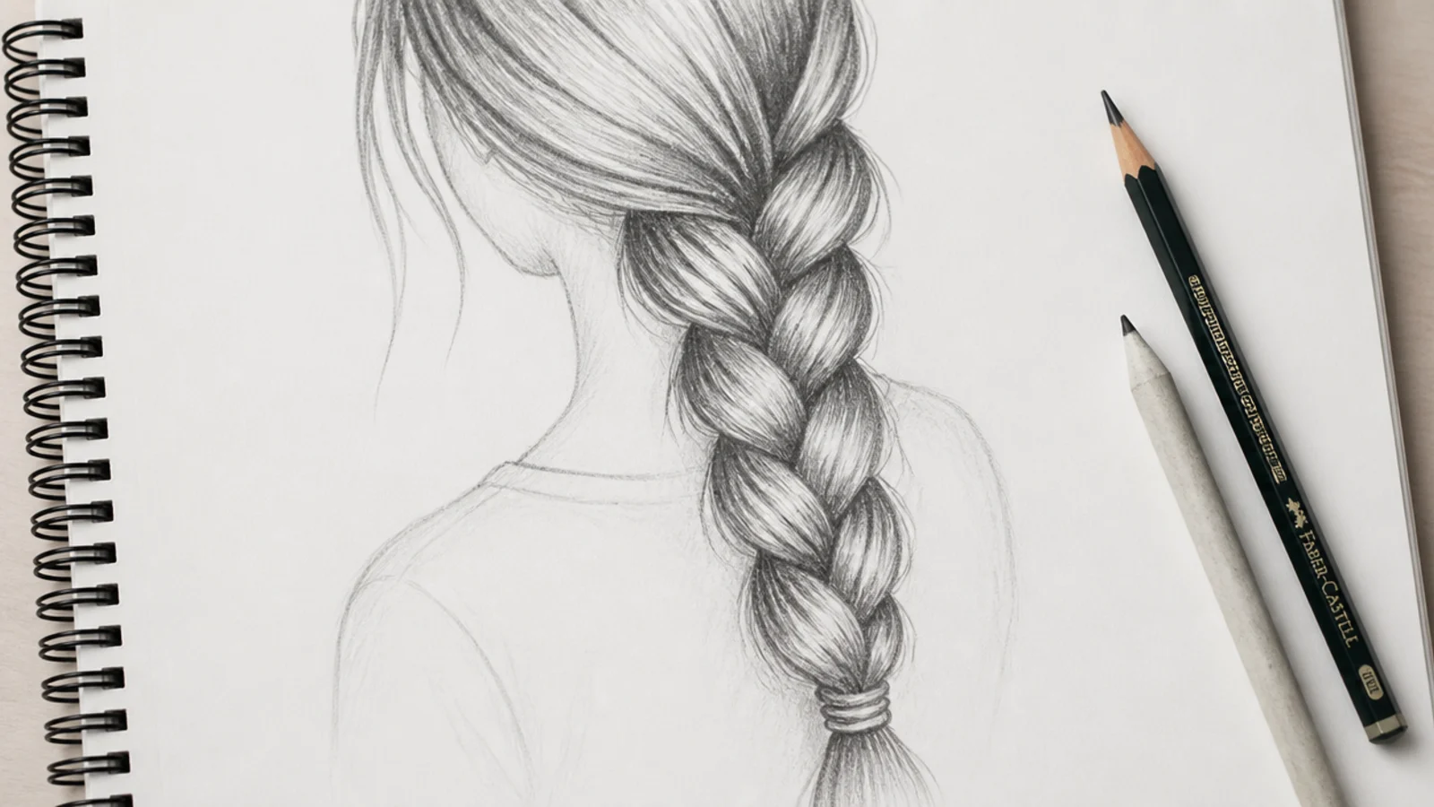 Pencil drawing of a long side braid pulled over a girl's shoulder, sketched as stacked overlapping wedges