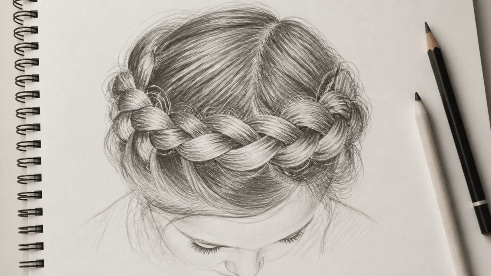 Graphite sketch of a Dutch crown braid wrapping around a girl's head, drawn from a top down angle