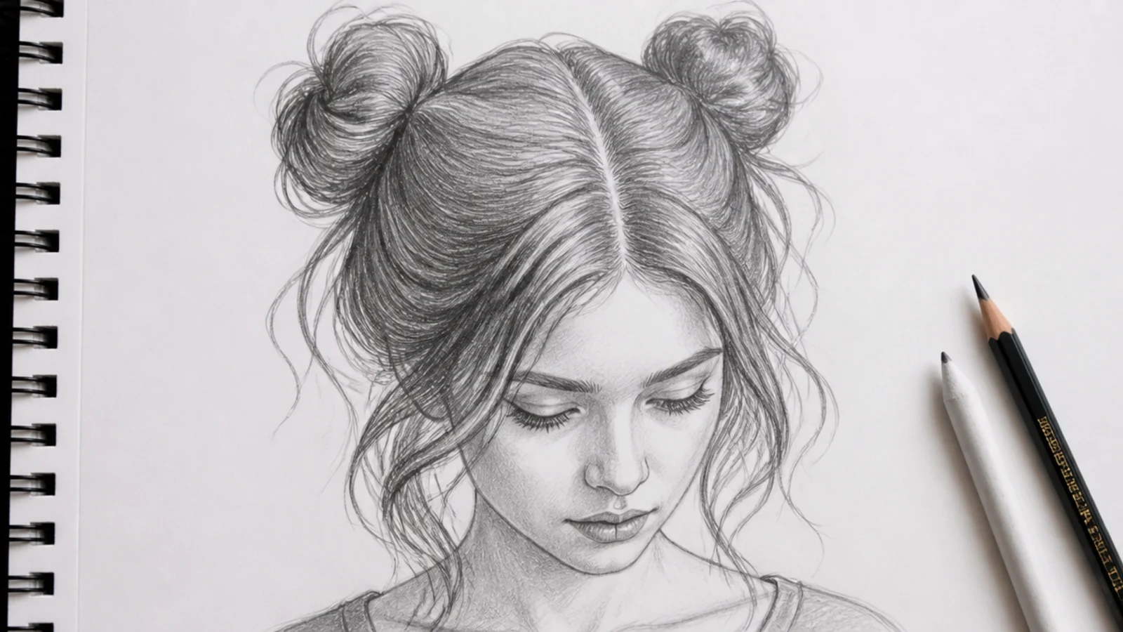 Pencil sketch of a girl with two space buns and wavy loose ends, drawn with converging flow lines