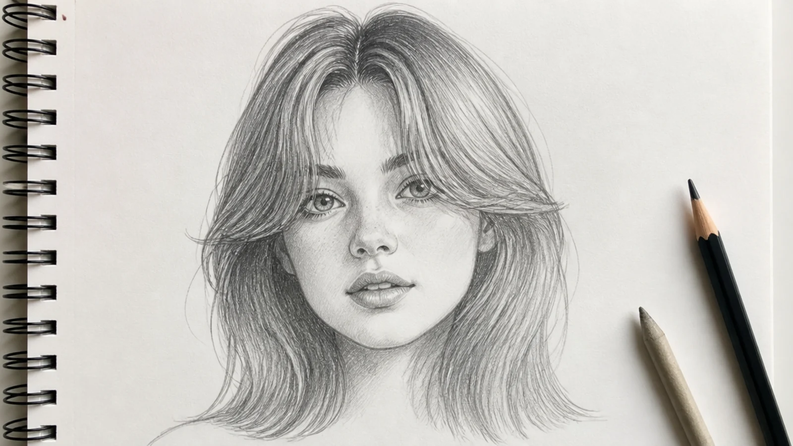Graphite sketch of curtain bangs framing a round face on a girl, with soft tapered strand groups
