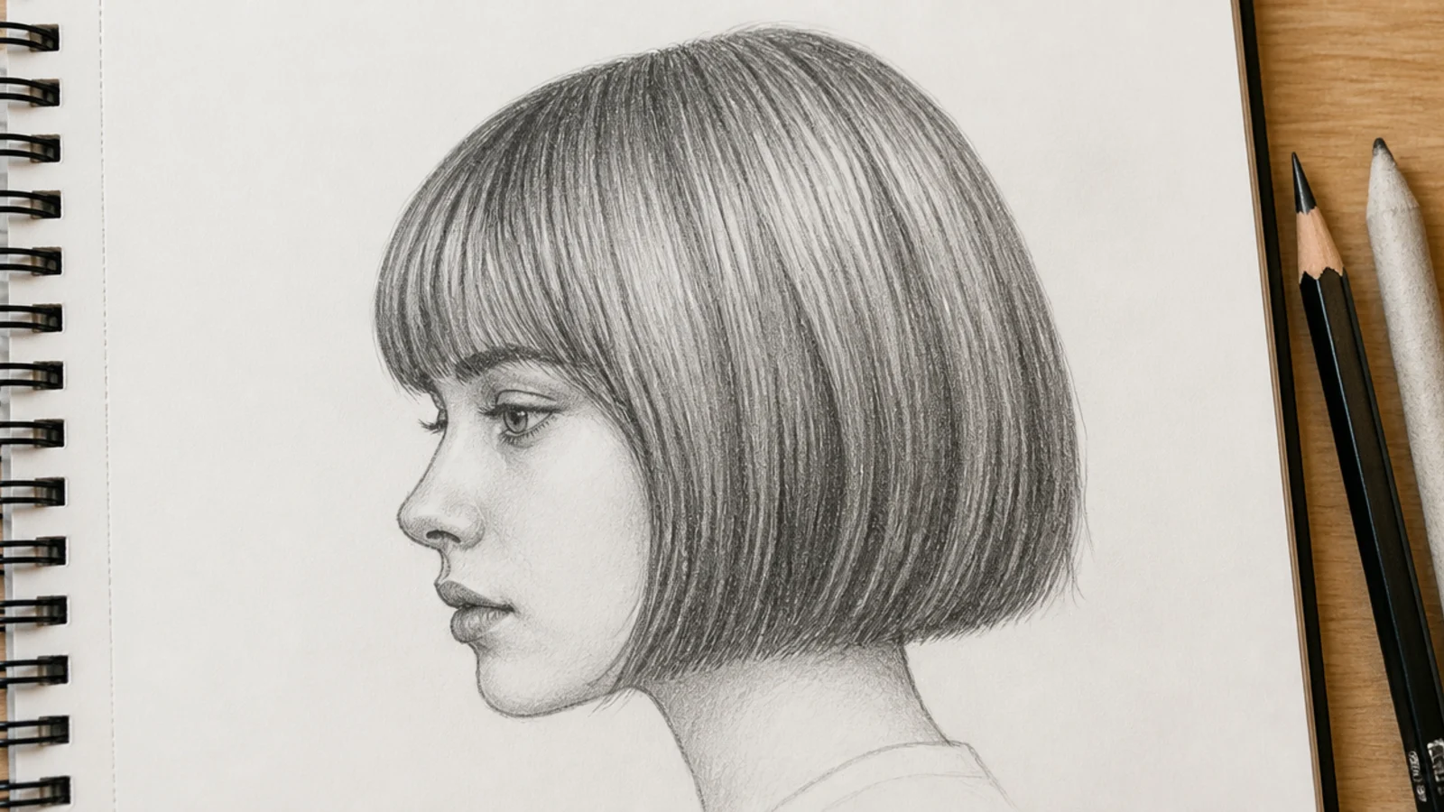 Pencil drawing of a short blunt bob with a straight fringe on a girl, drawn from the side view