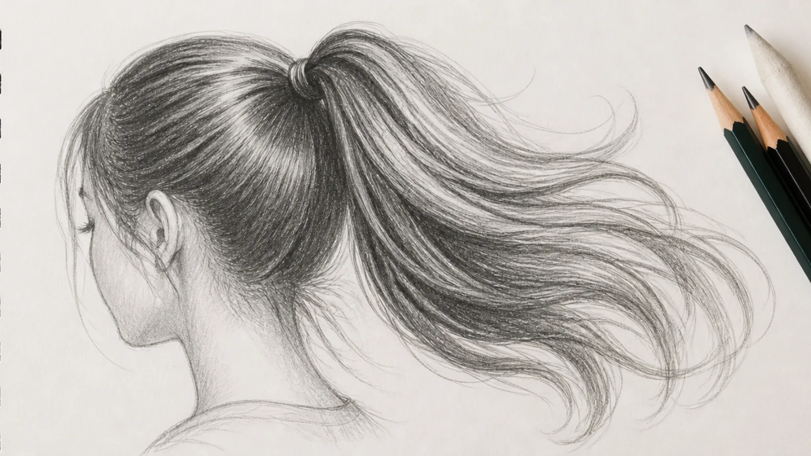 Graphite sketch of a girl's high ponytail swinging mid turn, drawn with a sweeping arc of flow lines