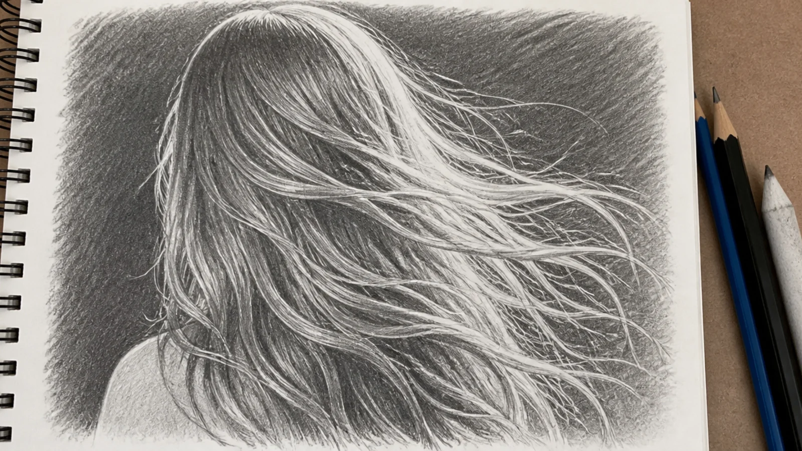 Pencil sketch of wind blown long girl hair against a shaded dark background with bright rim lit strands