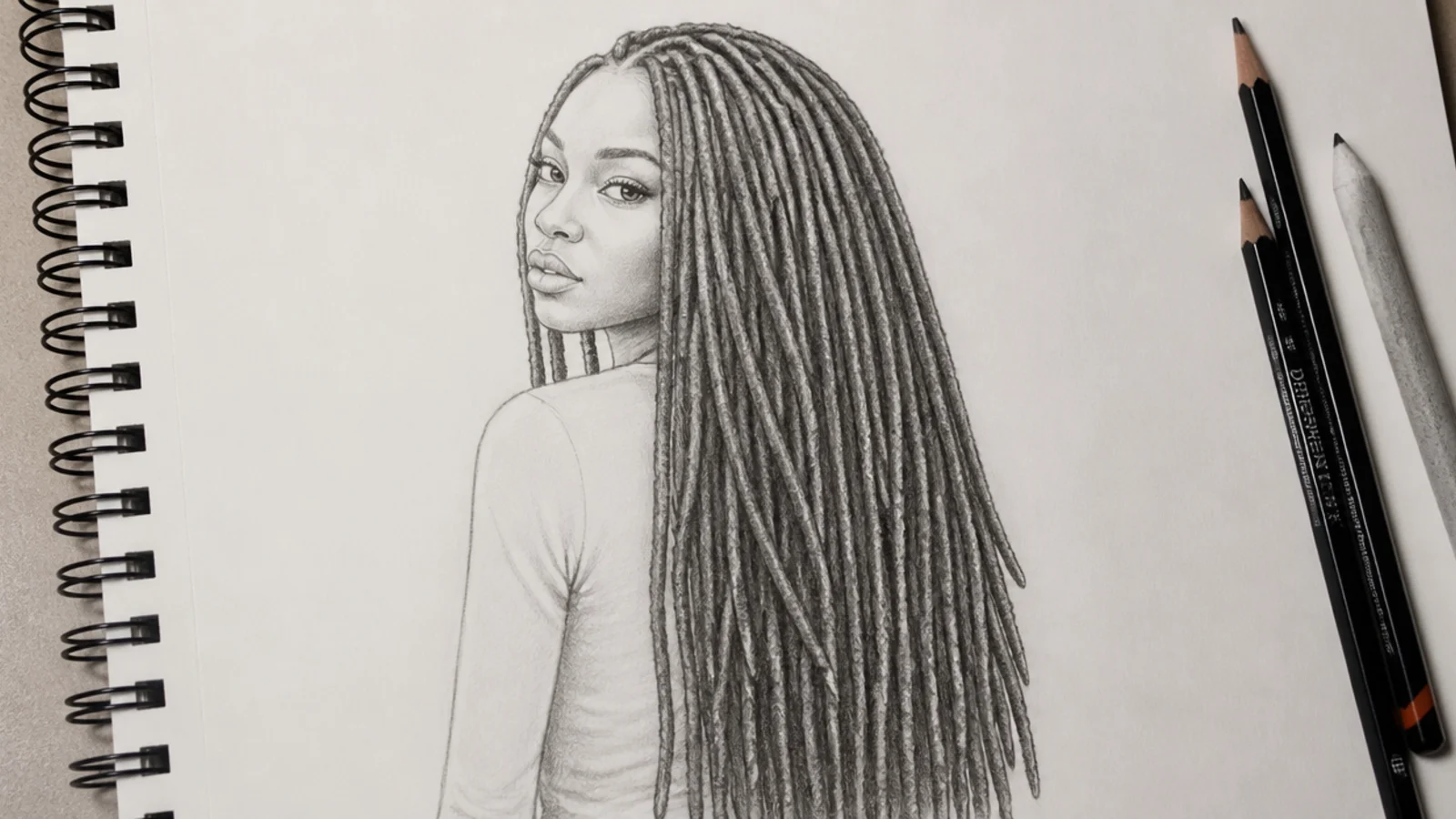 Graphite sketch of waist length locs on a girl, drawn as individual textured ropes with shadow gaps