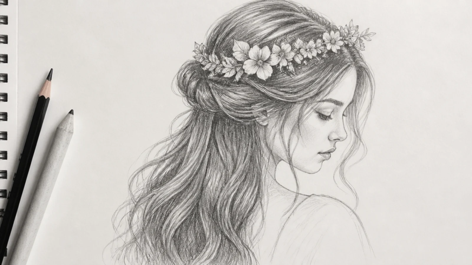 Pencil drawing of a girl with a flower crown over a half up hairstyle and loose curls sketched in graphite