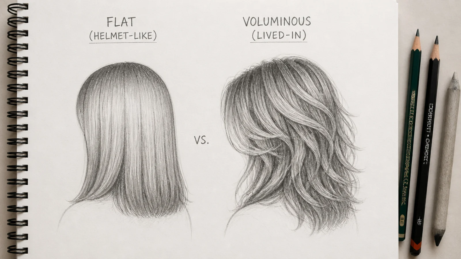 Two pencil hair sketches compared, one flat and helmet like and one with volume and depth