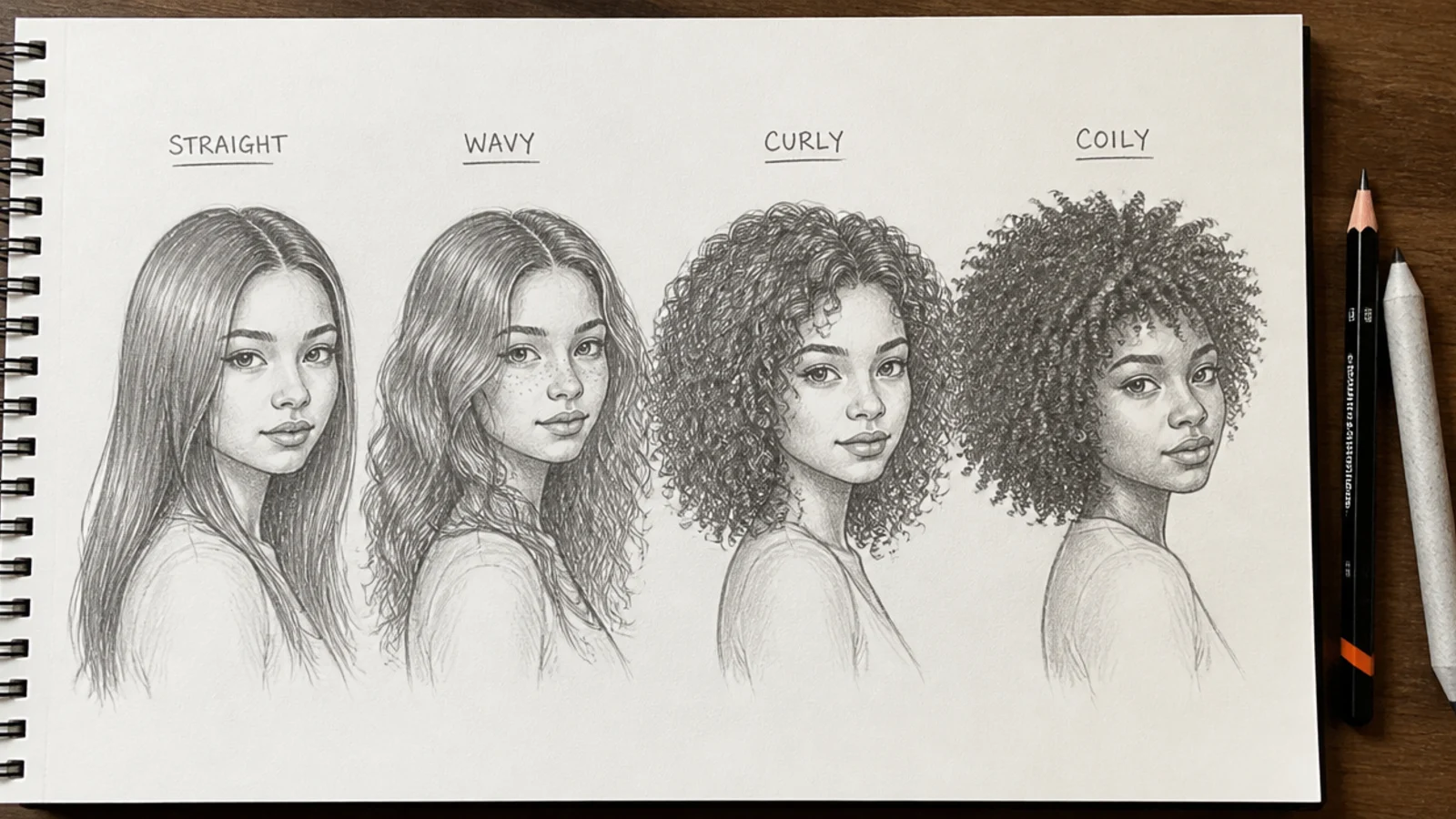Four pencil sketches comparing straight, wavy, curly and coily girl hair drawn side by side in graphite