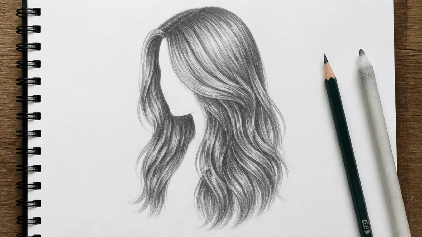 Pencil girl hair sketch on white paper showing long wavy hair blocked as a silhouette then shaded with graphite