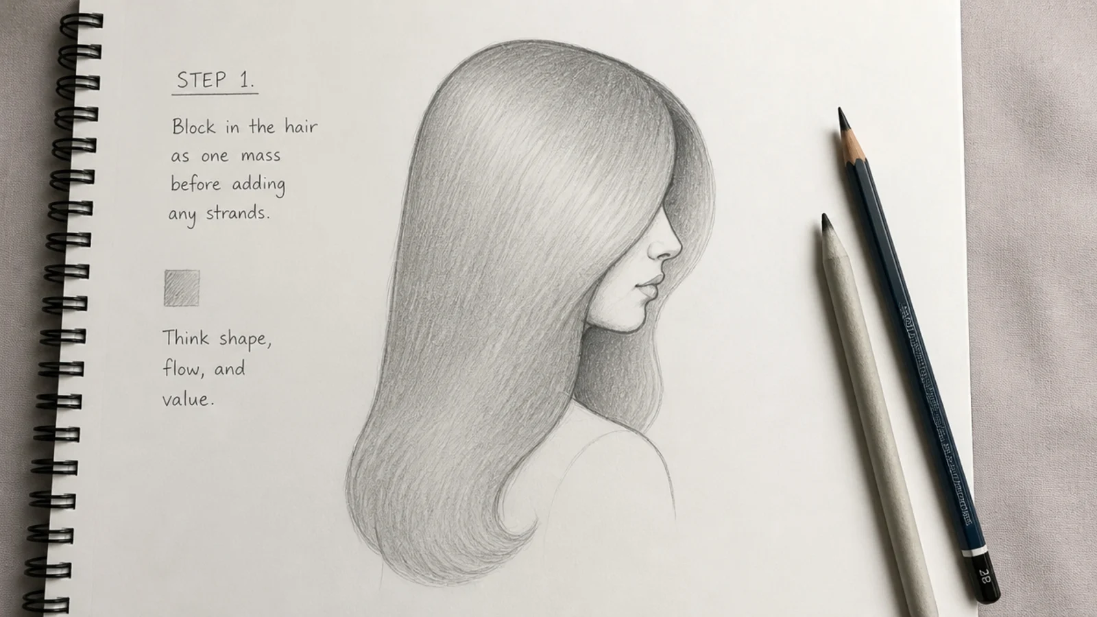 Pencil sketch showing a girl hair silhouette blocked as one mass before any strands are drawn