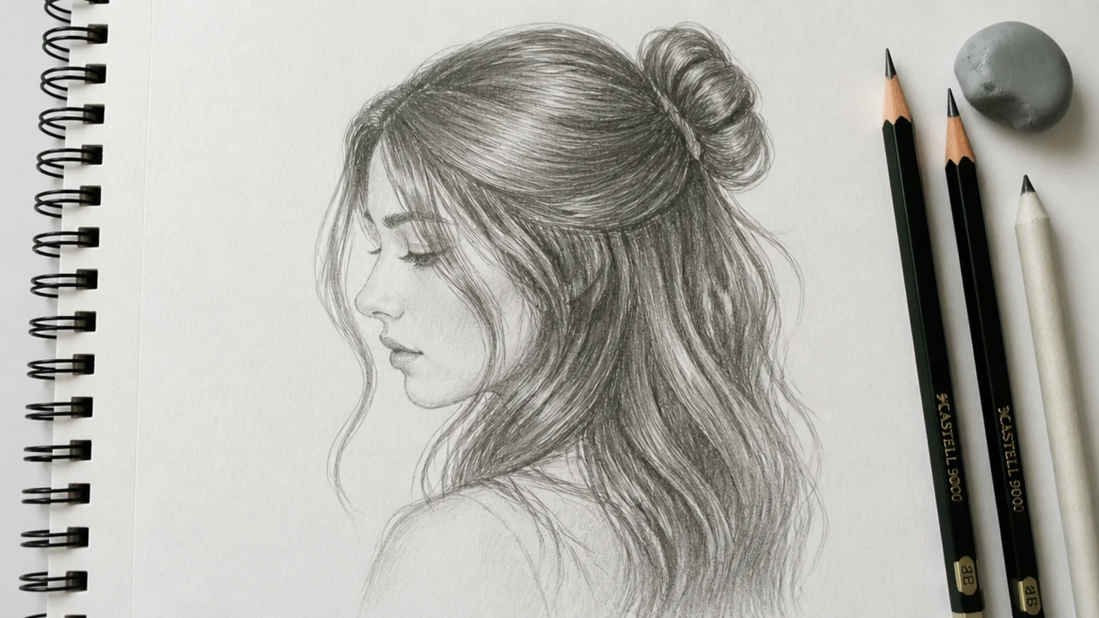 Graphite pencils, kneaded eraser and blending stump laid beside a girl hair sketch on cartridge paper