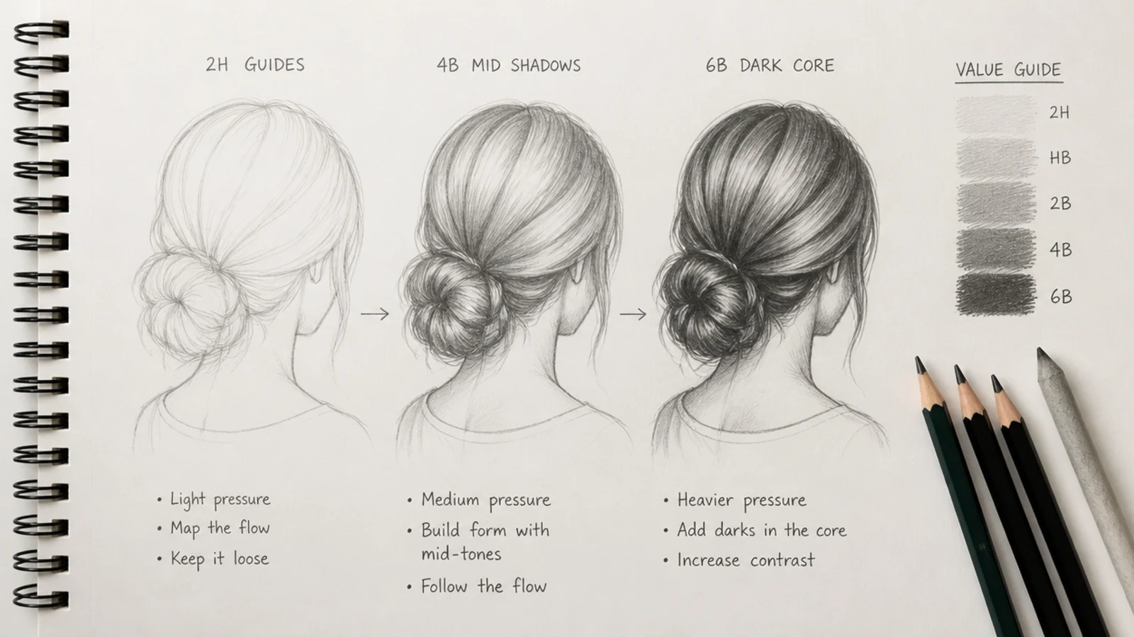 Graphite value study showing hair shaded from 2H guides through 4B mid shadows to a 6B dark core