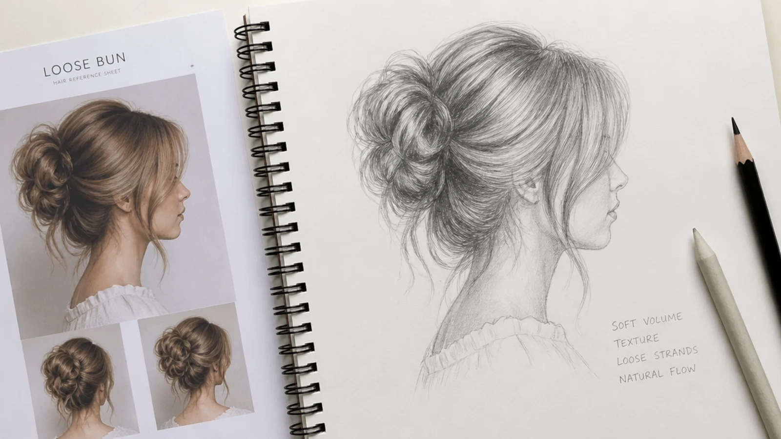 Pencil hair sketch in progress on paper beside a printed hairstyle reference sheet for drawing