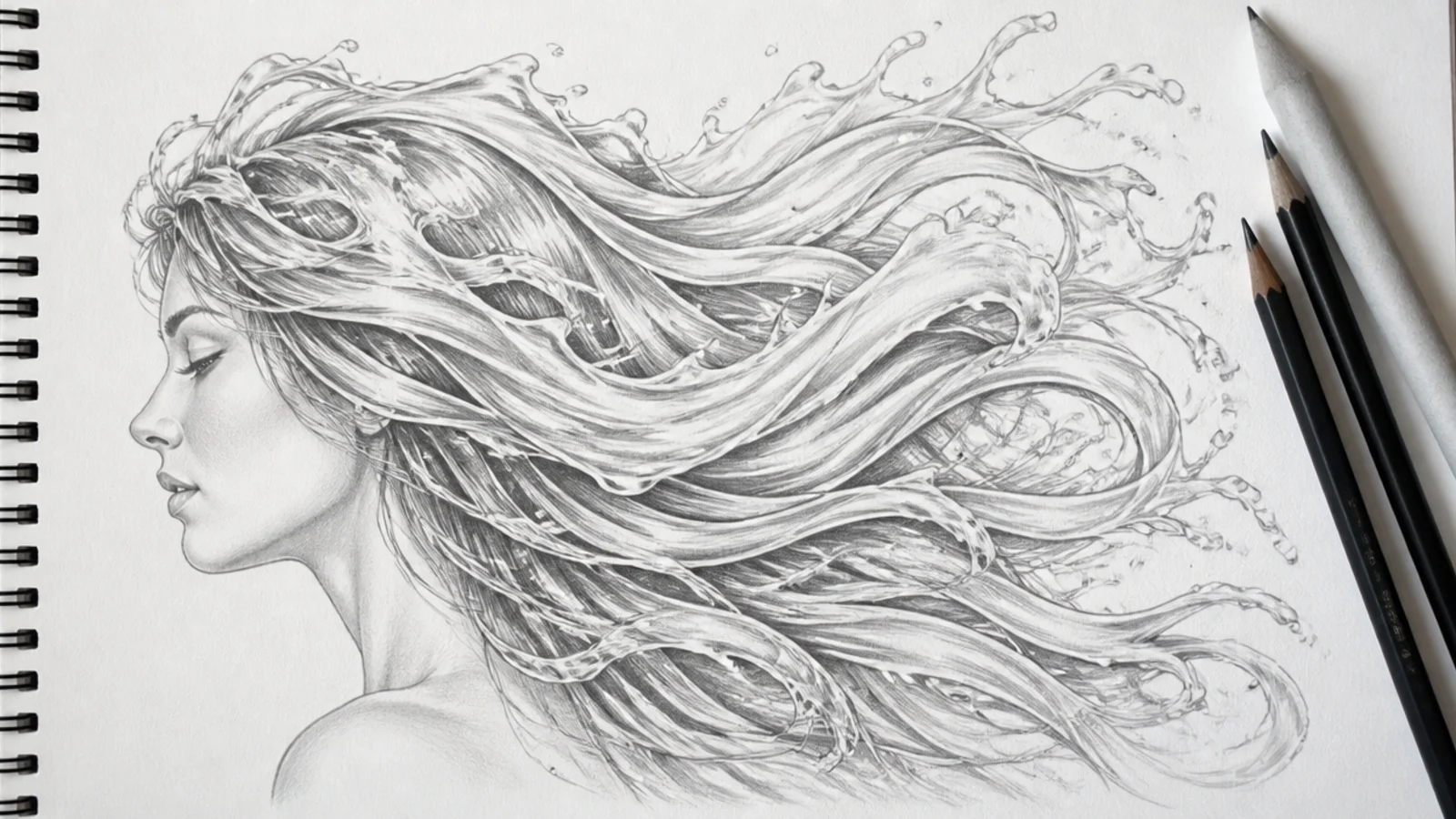 Pencil sketch of hair drawn as flowing water with ribbon shapes and white paper highlights
