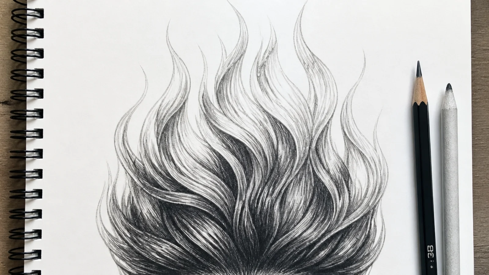 Graphite drawing of hair shaped like rising flames with dark roots and pale ember tips