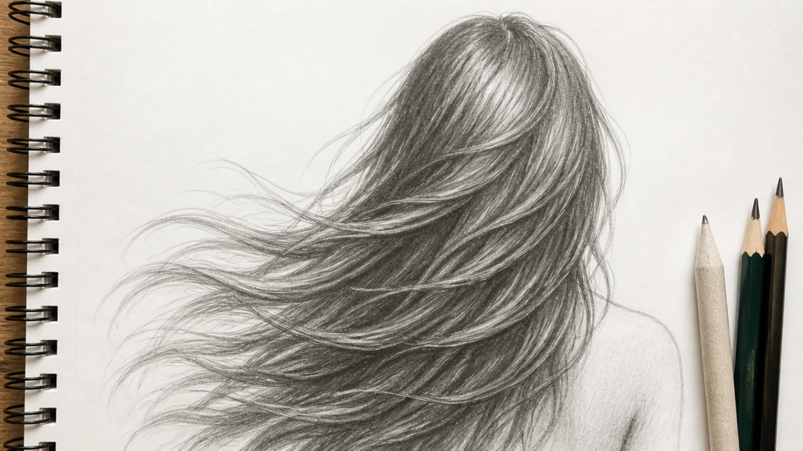 Back view pencil sketch of long wind-blown hair with flow lines sweeping to one side