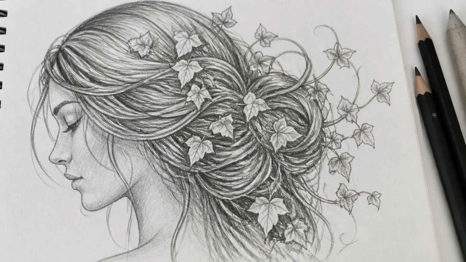 Sketch of hair growing into vines and leaves with 4B shading between the leaf clusters