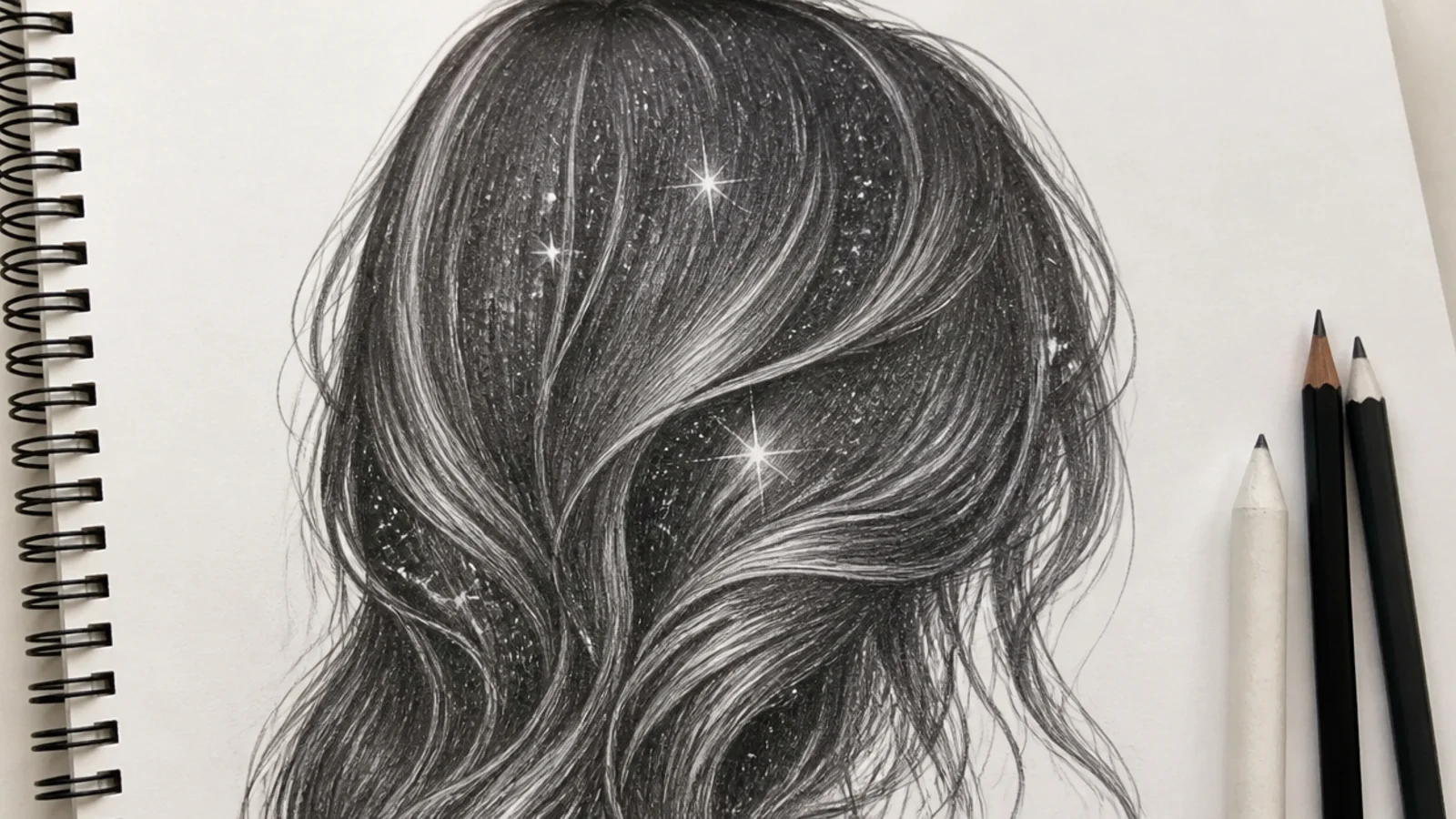 Dark graphite hair sketch with galaxy shading and tiny white star highlights lifted with an eraser
