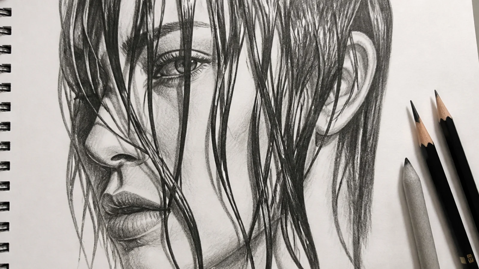 Pencil sketch of wet hair clinging to a face in heavy dark clumps with sharp white highlights