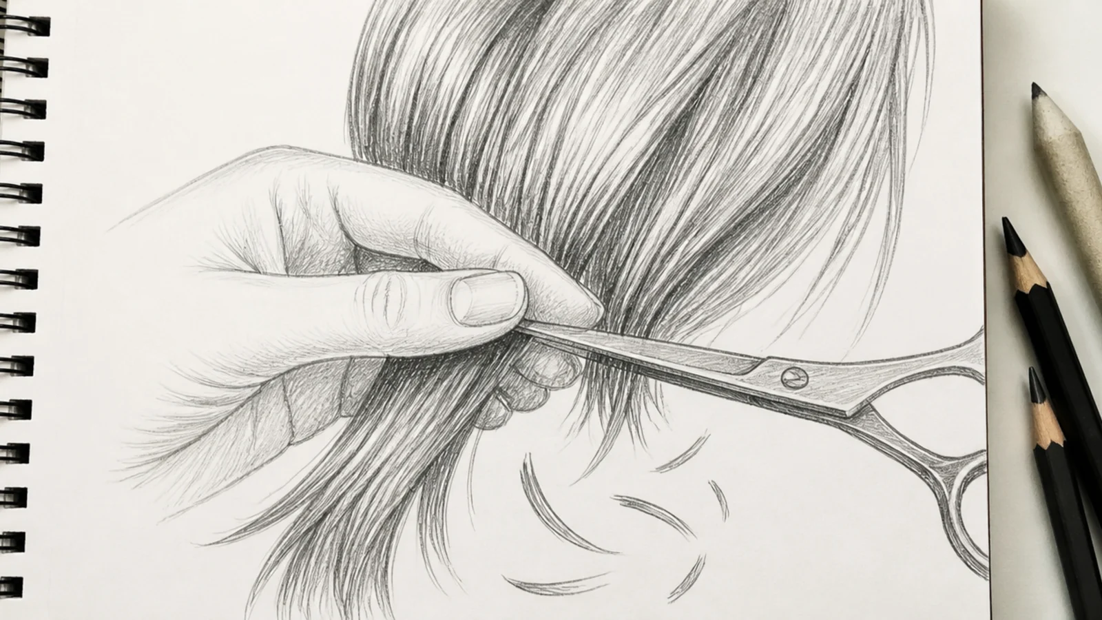 Narrative pencil sketch of scissors cutting a section of hair with cut strands falling