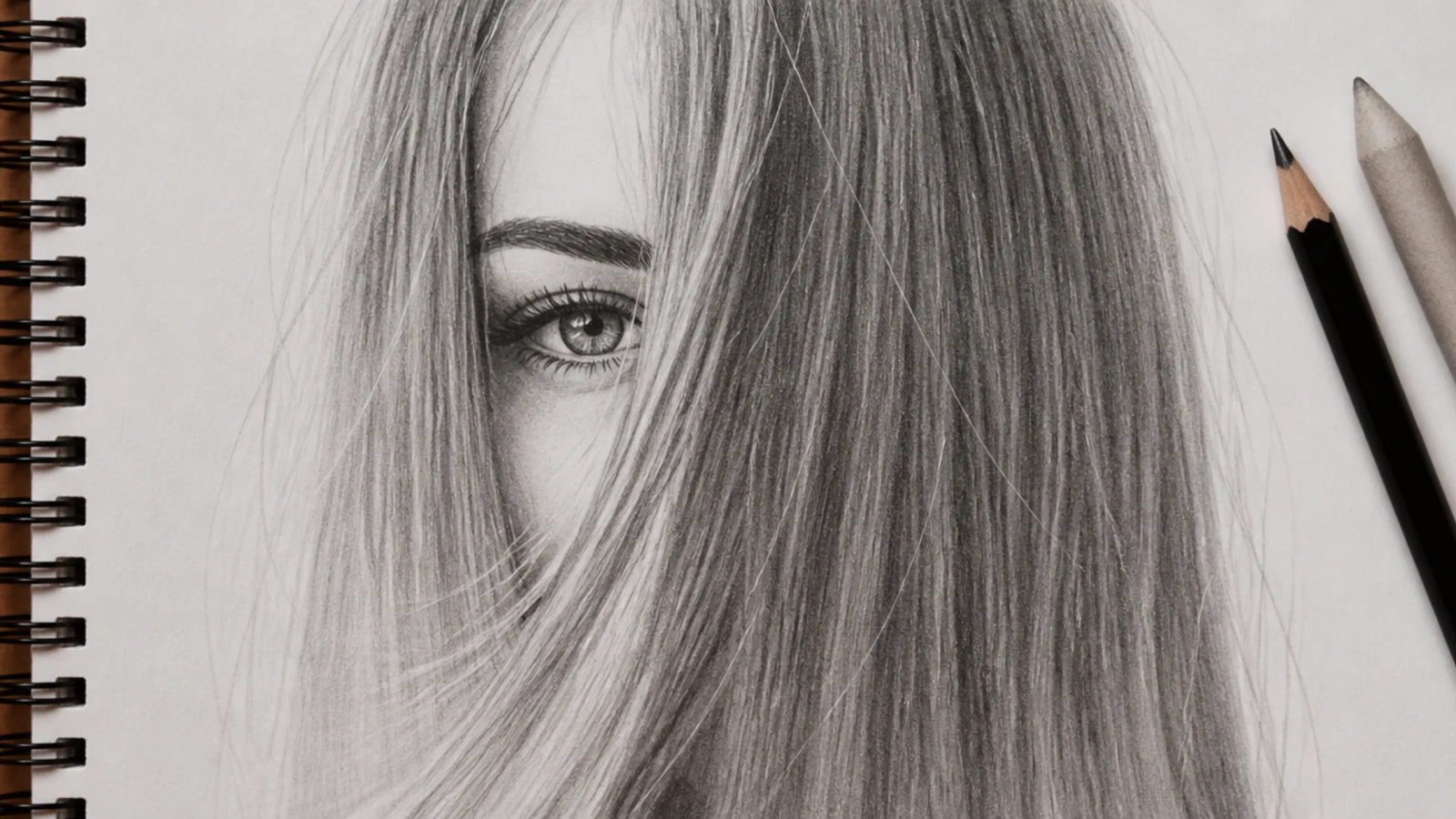 Sketch of a face partly hidden behind a curtain of straight hair with one visible eye