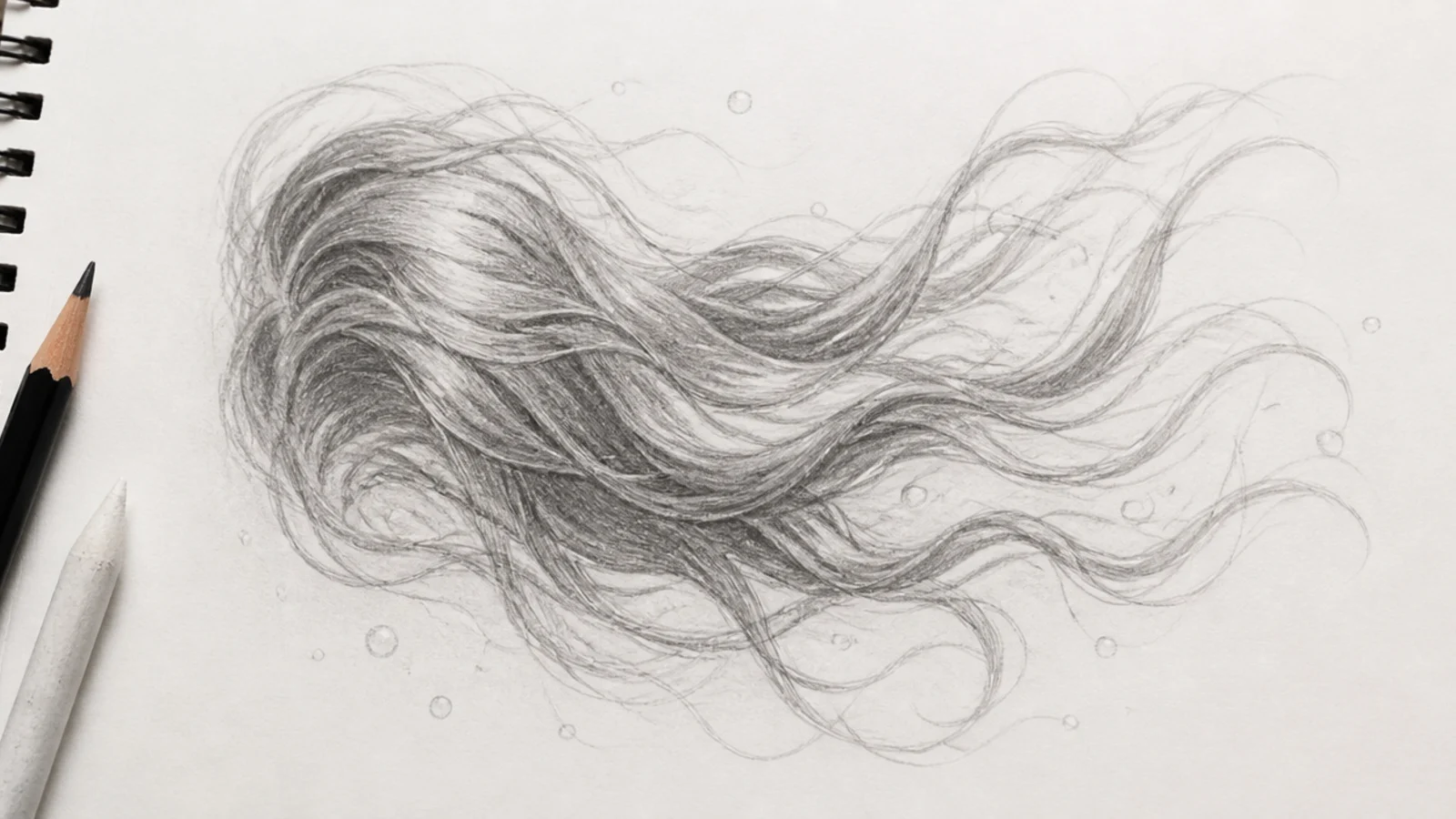 Graphite sketch of hair floating underwater in soft drifting sections with faint edges