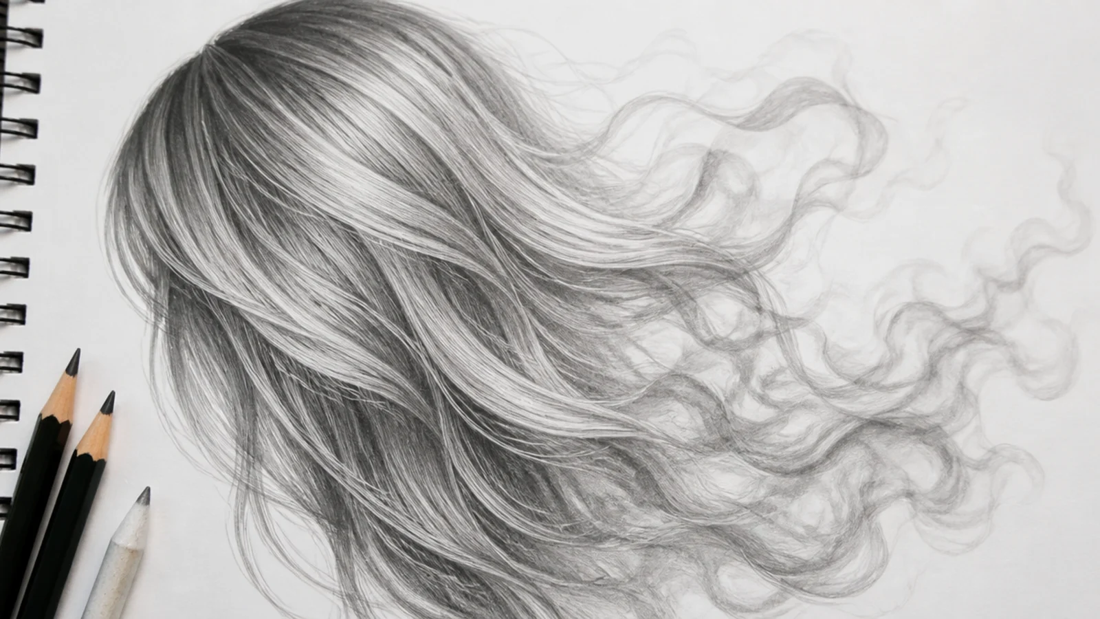 Pencil drawing of hair turning into smoke with soft blended edges dissolving into white paper