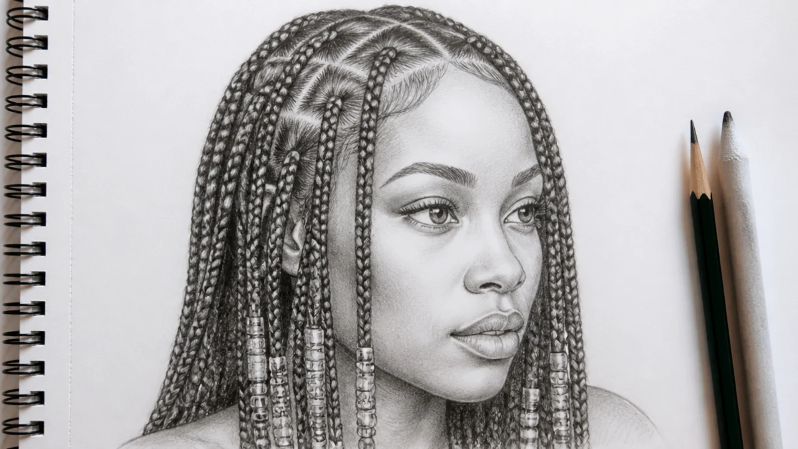 Three quarter view pencil sketch of beaded box braids with visible square parts at the scalp