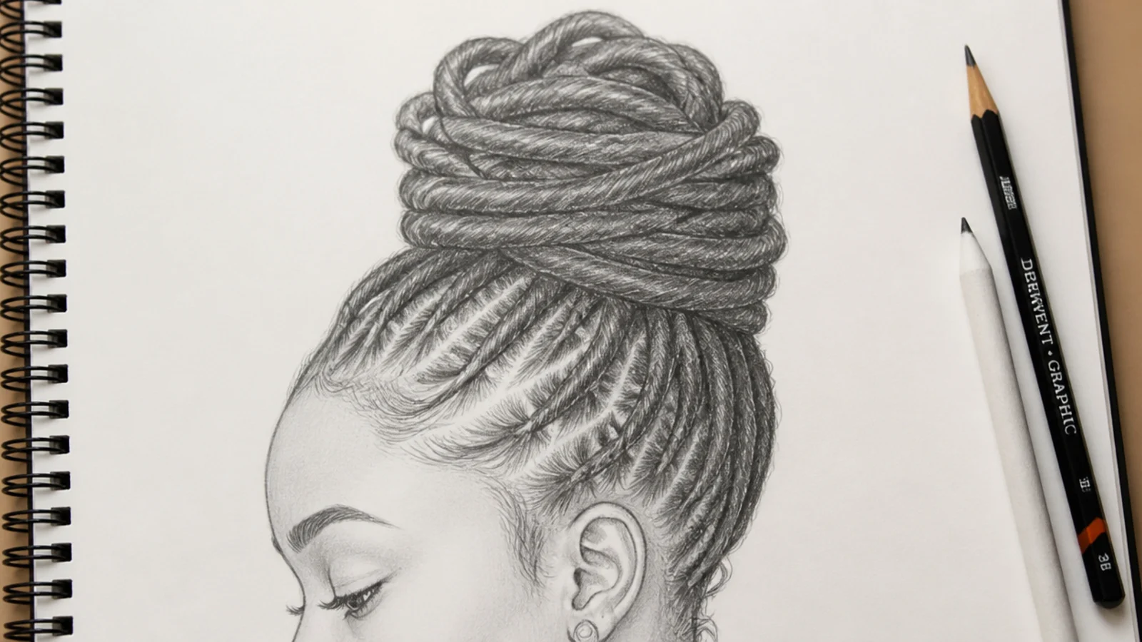 Sketch of a high loc bun with cylindrical locs coiled and wrapped at the root