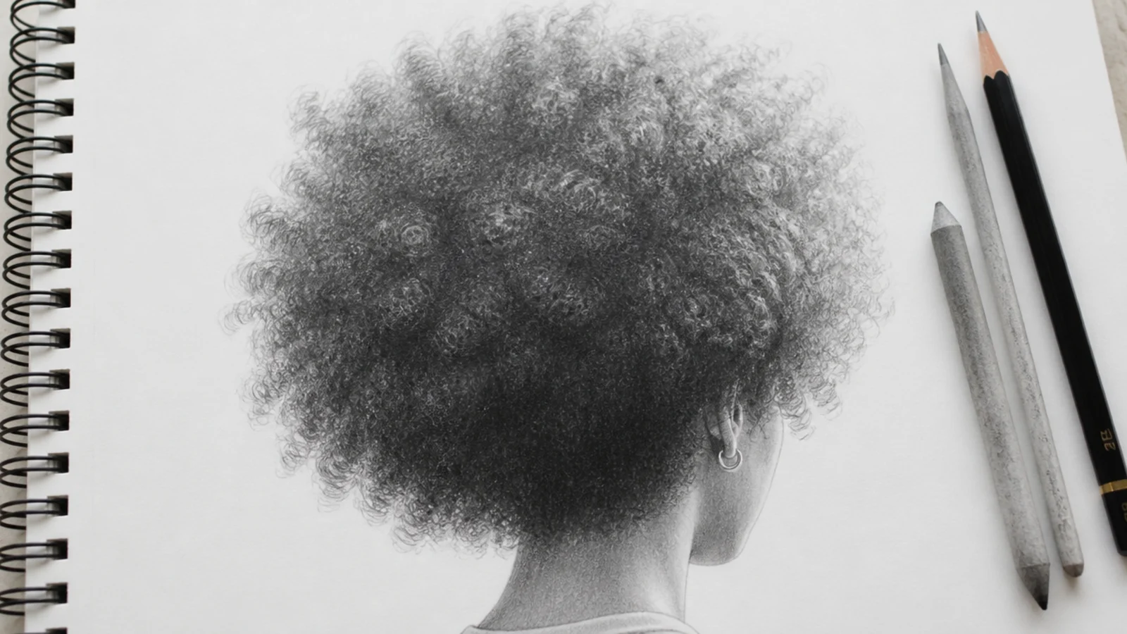Backlit 4C afro drawn in graphite with a soft glowing edge and dense dark interior