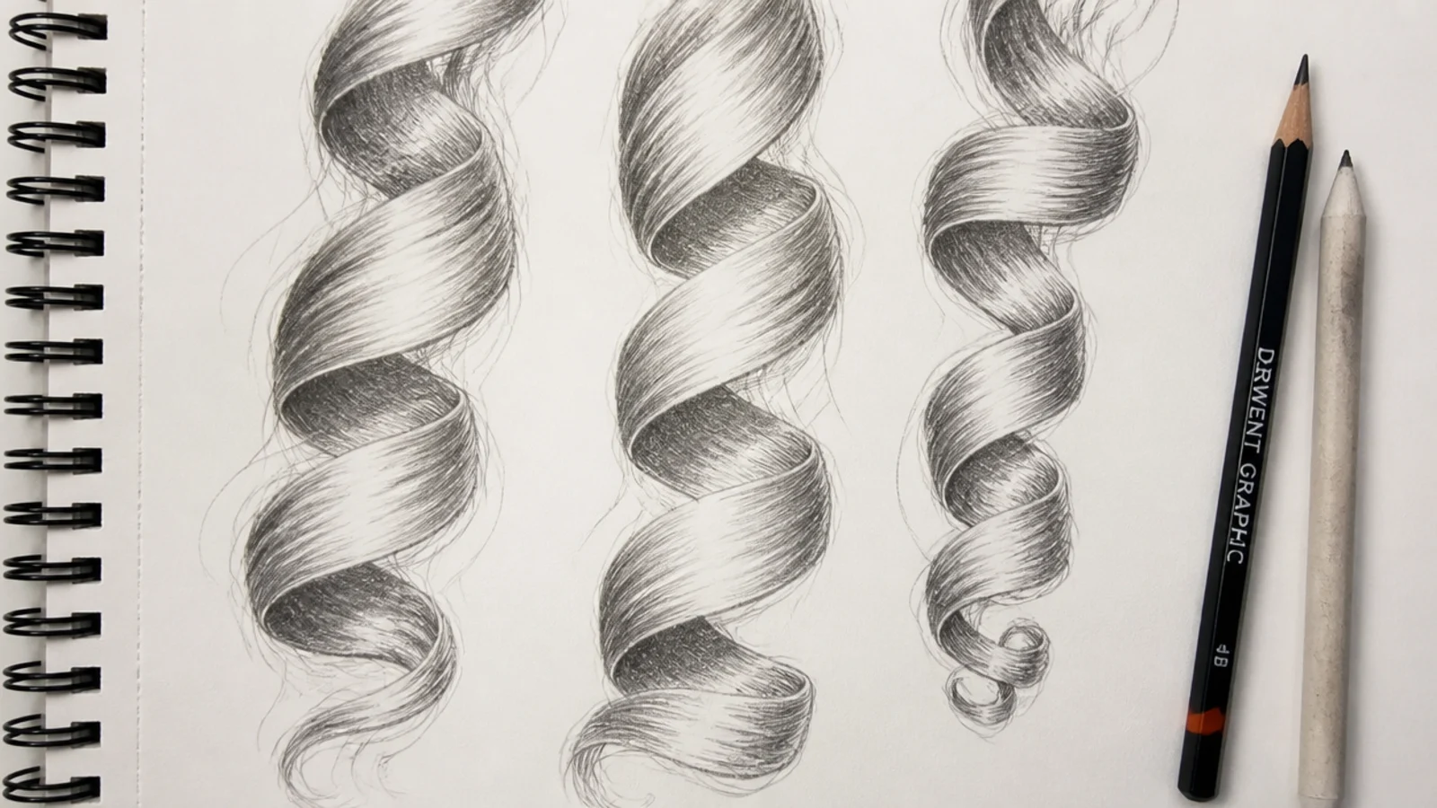 Pencil study of spiral curls drawn as twisting ribbons with light and shadow on opposite sides