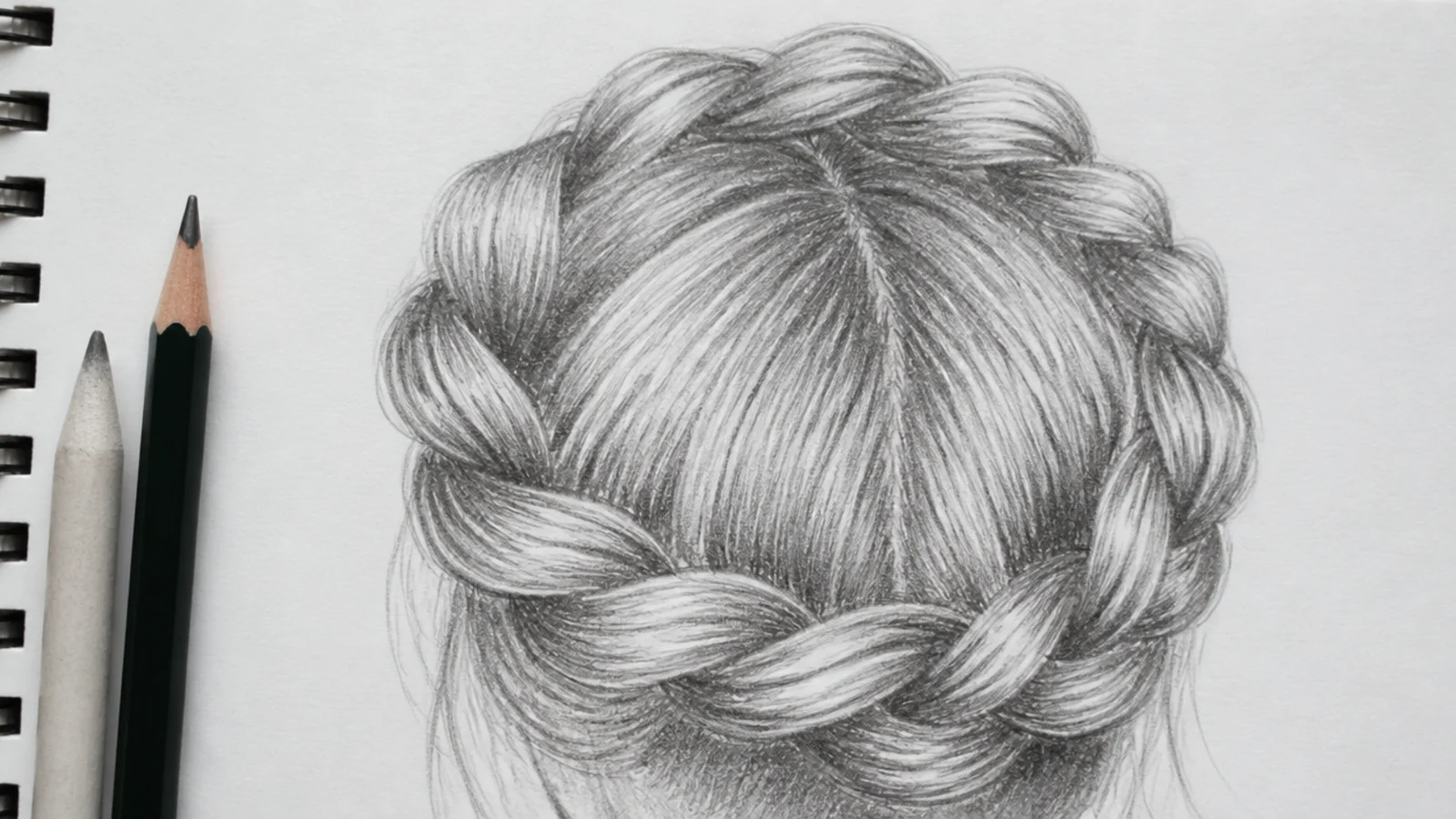 Overhead pencil sketch of a crown braid circling the head with overlapping wedge sections