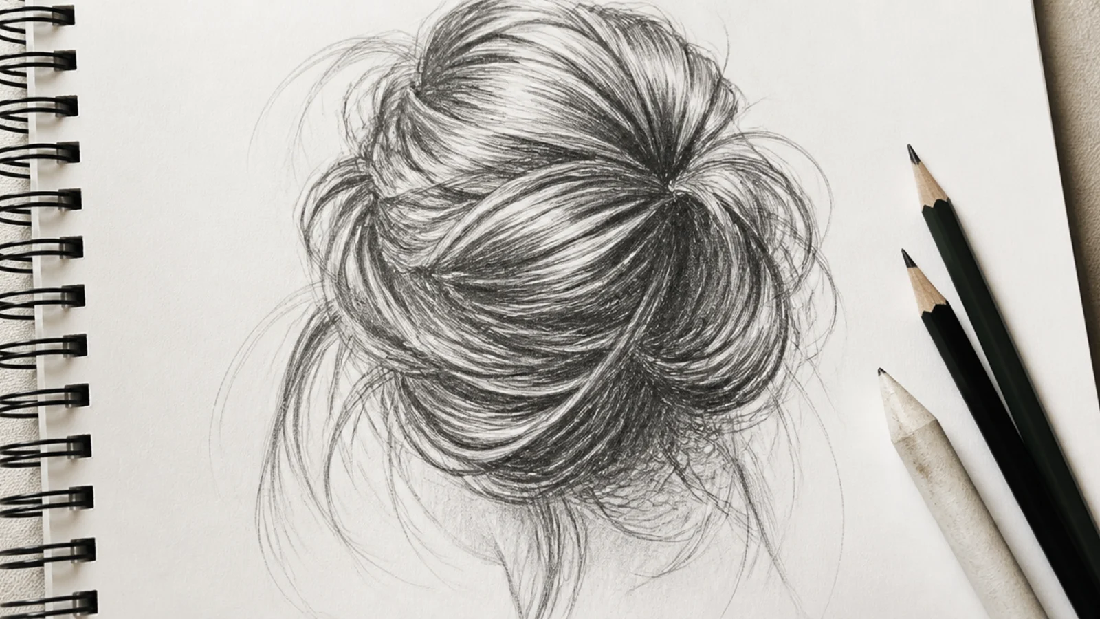 Sketch of a messy bun with loose escaping strands and a dark core where the hair twists