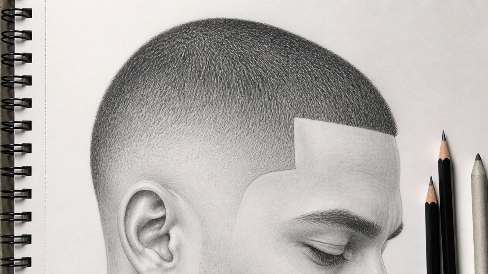 Pencil sketch of a buzz cut fade showing a sharp lined hairline and stippled scalp texture