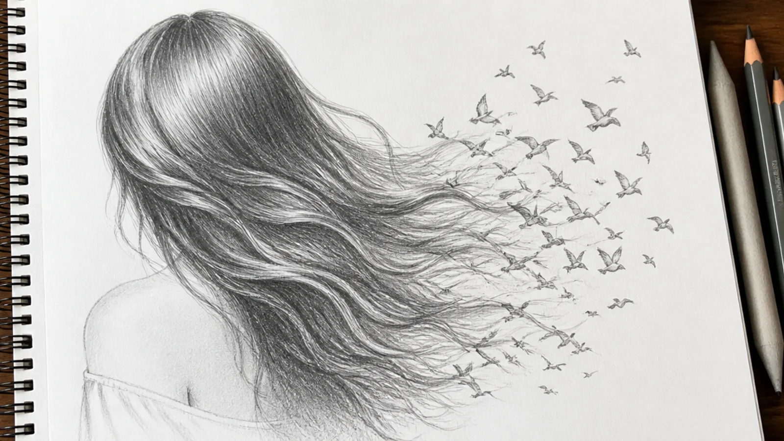 Surreal graphite drawing of long hair whose ends break apart into small flying birds