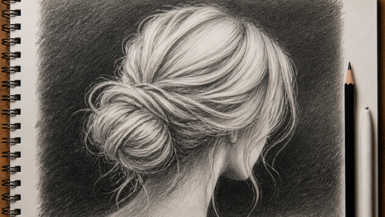 Pencil sketch of pale hair drawn as negative space against a solid dark 6B background