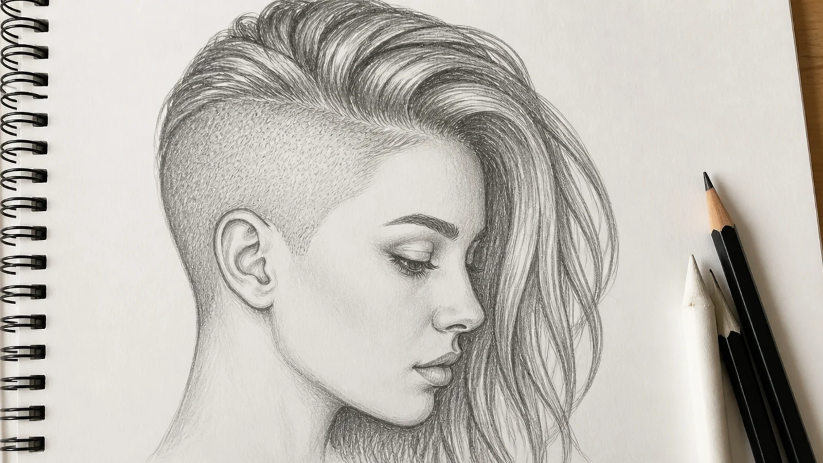 Sketch of a half shaved undercut with stippled shaved side and long sweeping hair on the other