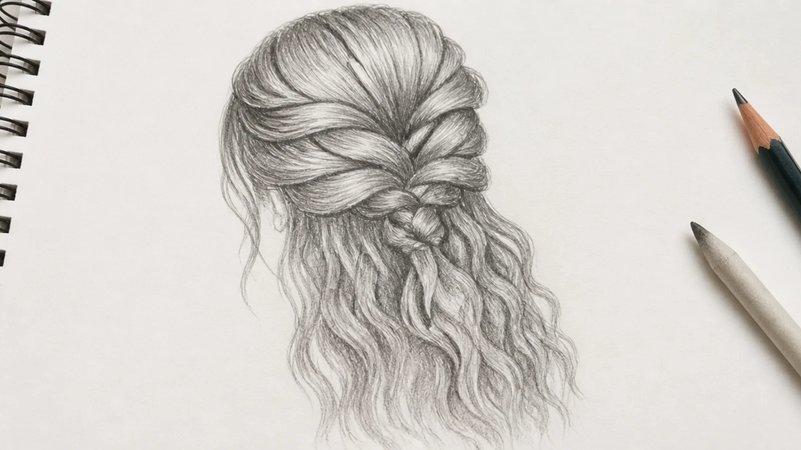 Pencil sketch of a braid half undone with tight wedges above and crimped loose waves below