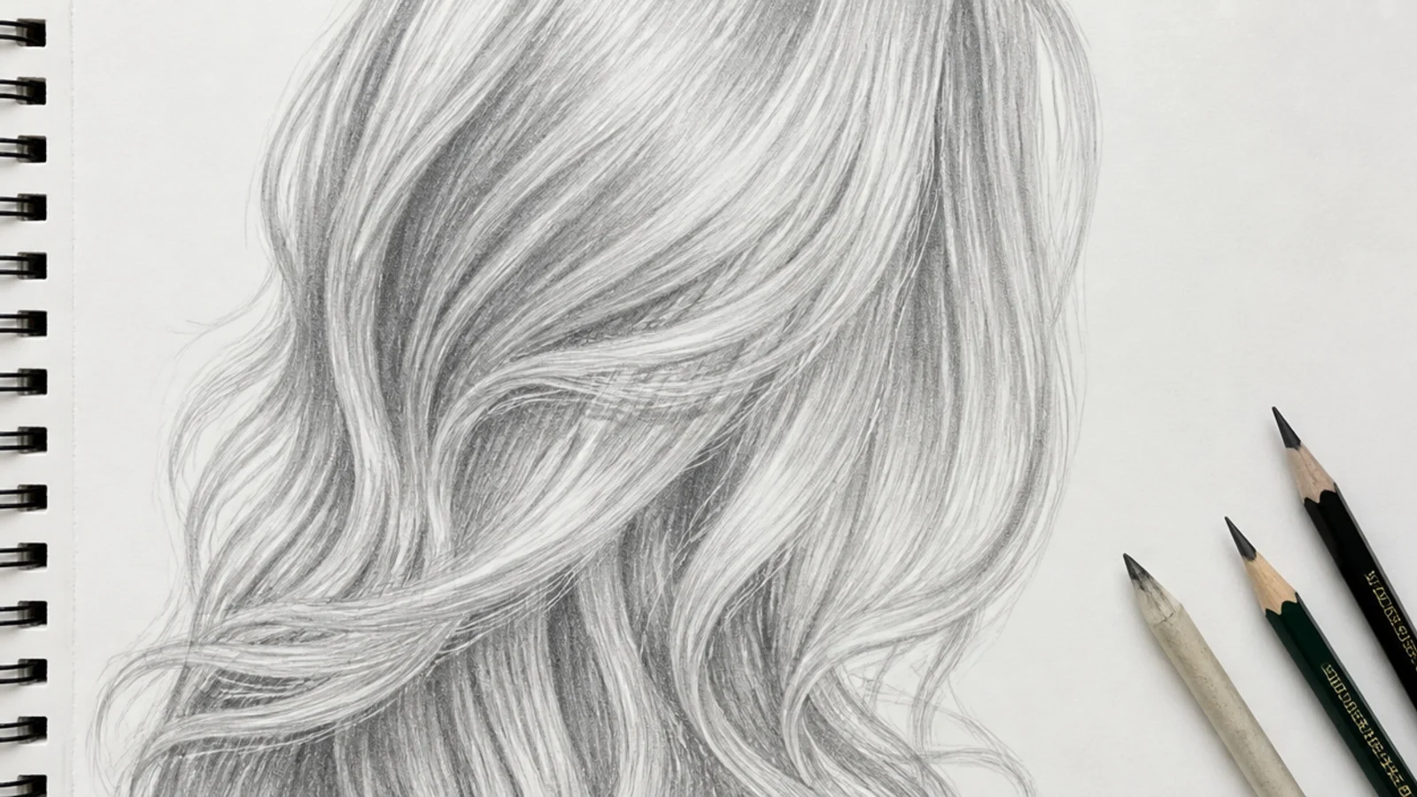 Graphite study of silver gray hair using light 2H tones with dark shadows only between sections