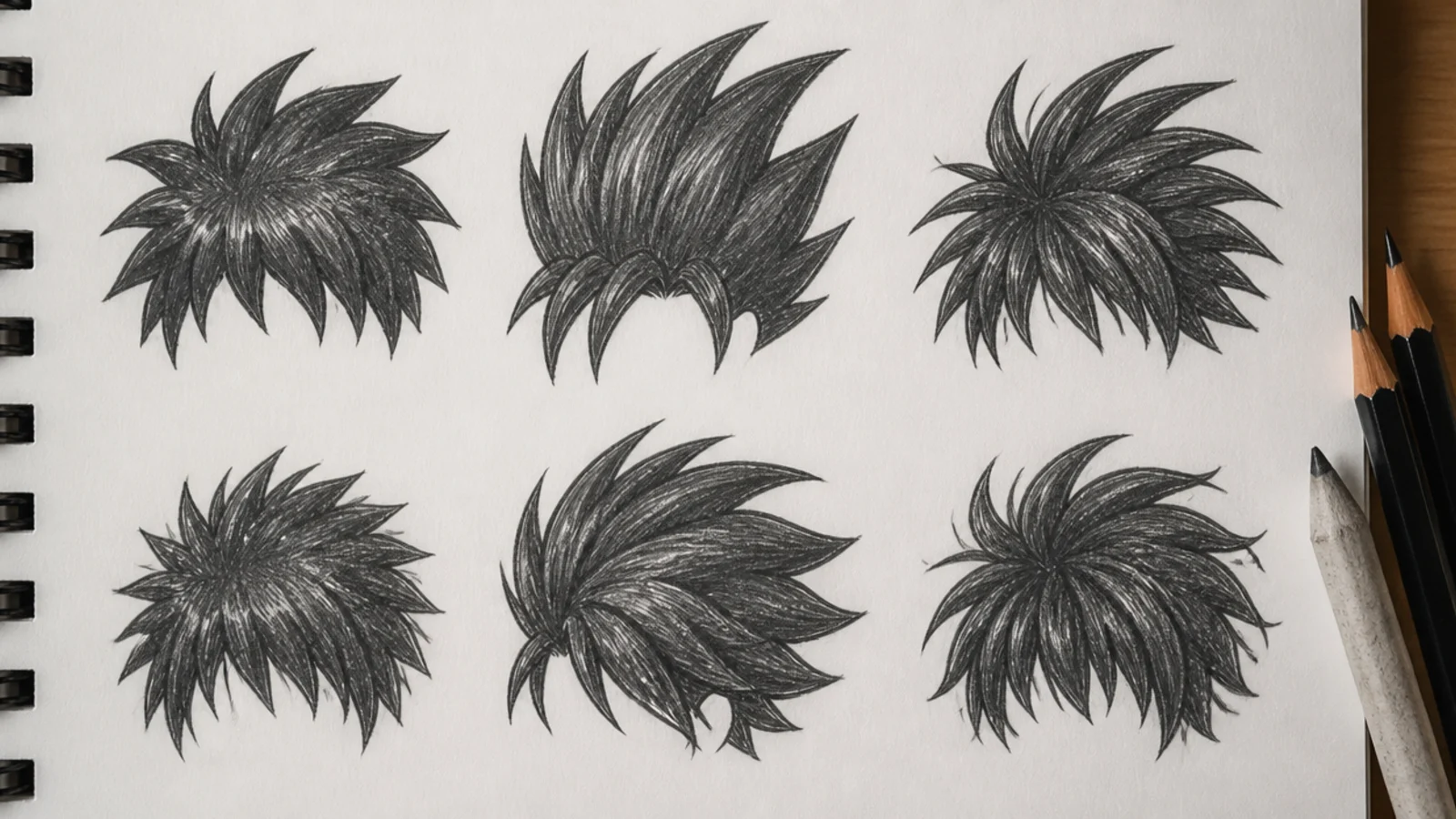 Filled black silhouette studies of spiky anime hair shapes drawn before adding detail