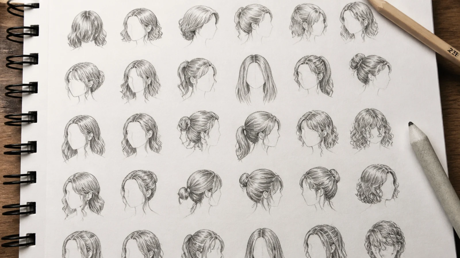 Page of tiny two centimeter head sketches showing hair simplified to shape and value only