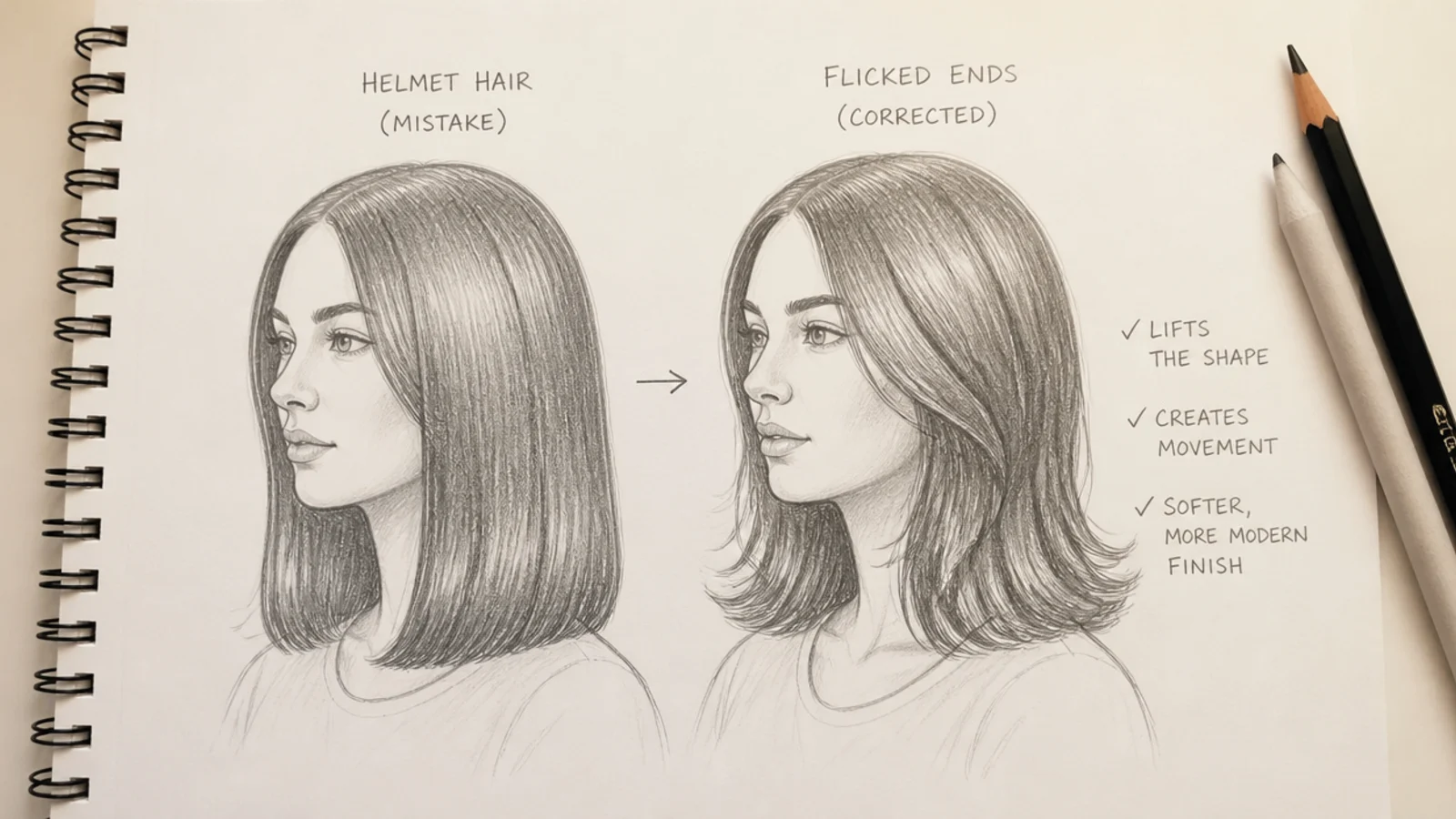 Side by side pencil sketches showing helmet hair mistake next to corrected hair with flicked ends