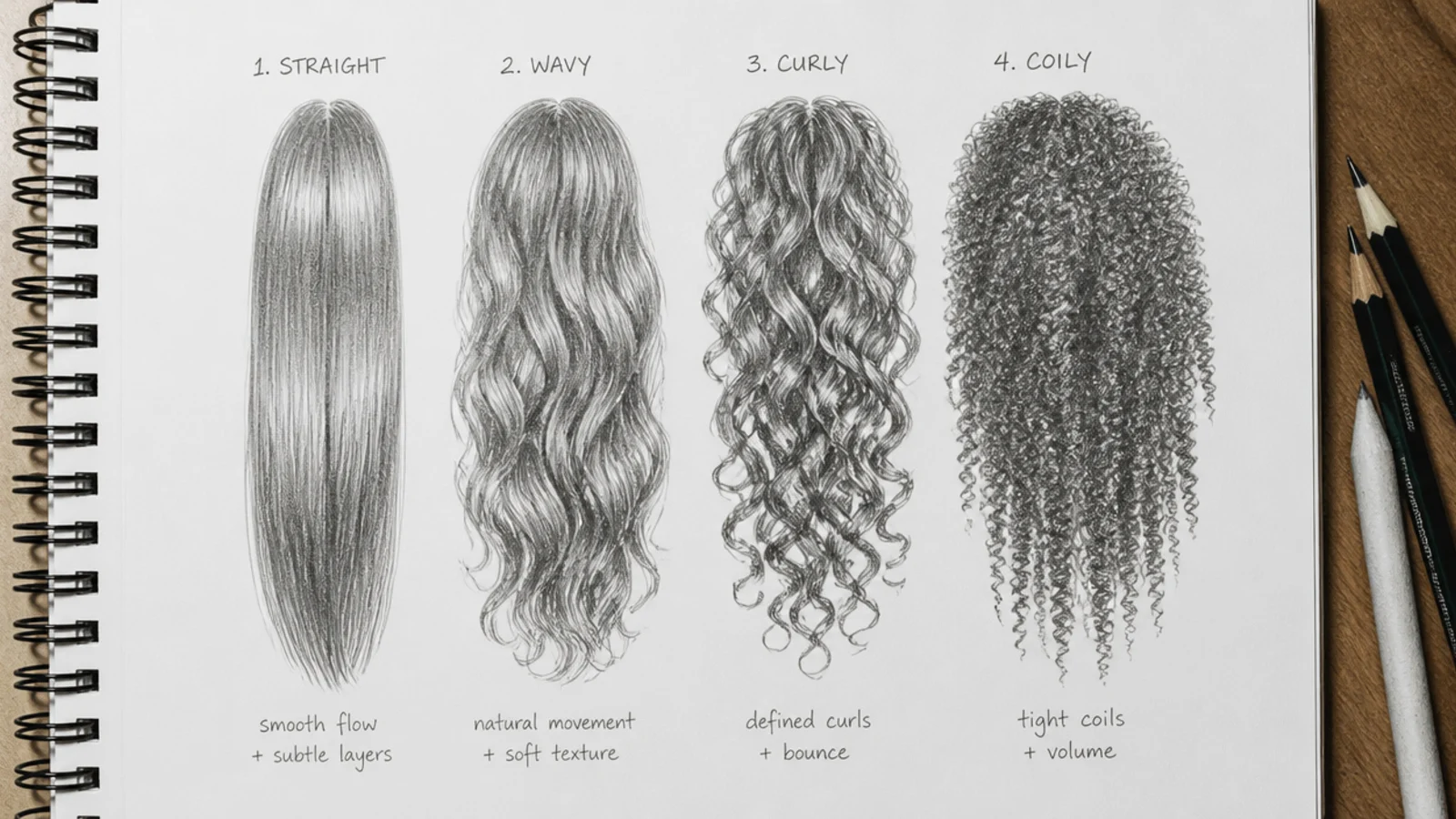 Four pencil hair texture studies comparing straight, wavy, curly and coily hair drawing methods