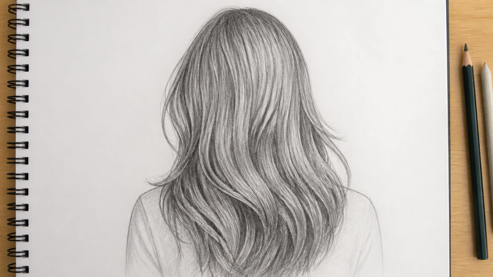Graphite hair sketch of long flowing hair on white paper with 2B shading and white paper highlights