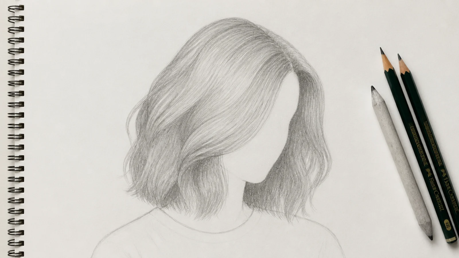 Pencil sketch showing a blocked hair silhouette in 2H before any individual strands are drawn