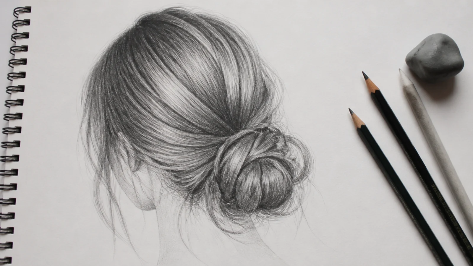 Flat lay of graphite pencils, kneaded eraser, blending stump and sketchbook paper for hair drawing