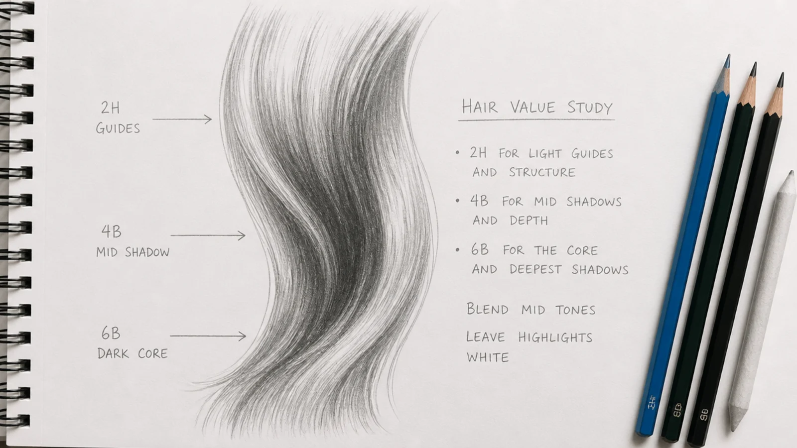 Graphite value study of a hair section showing 2H guides, 4B mid shadow and 6B dark core