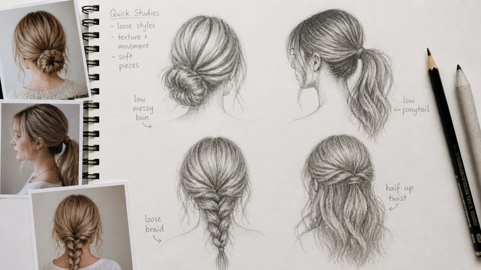 Sketchbook page of quick pencil hair studies drawn from reference photos pinned beside the page