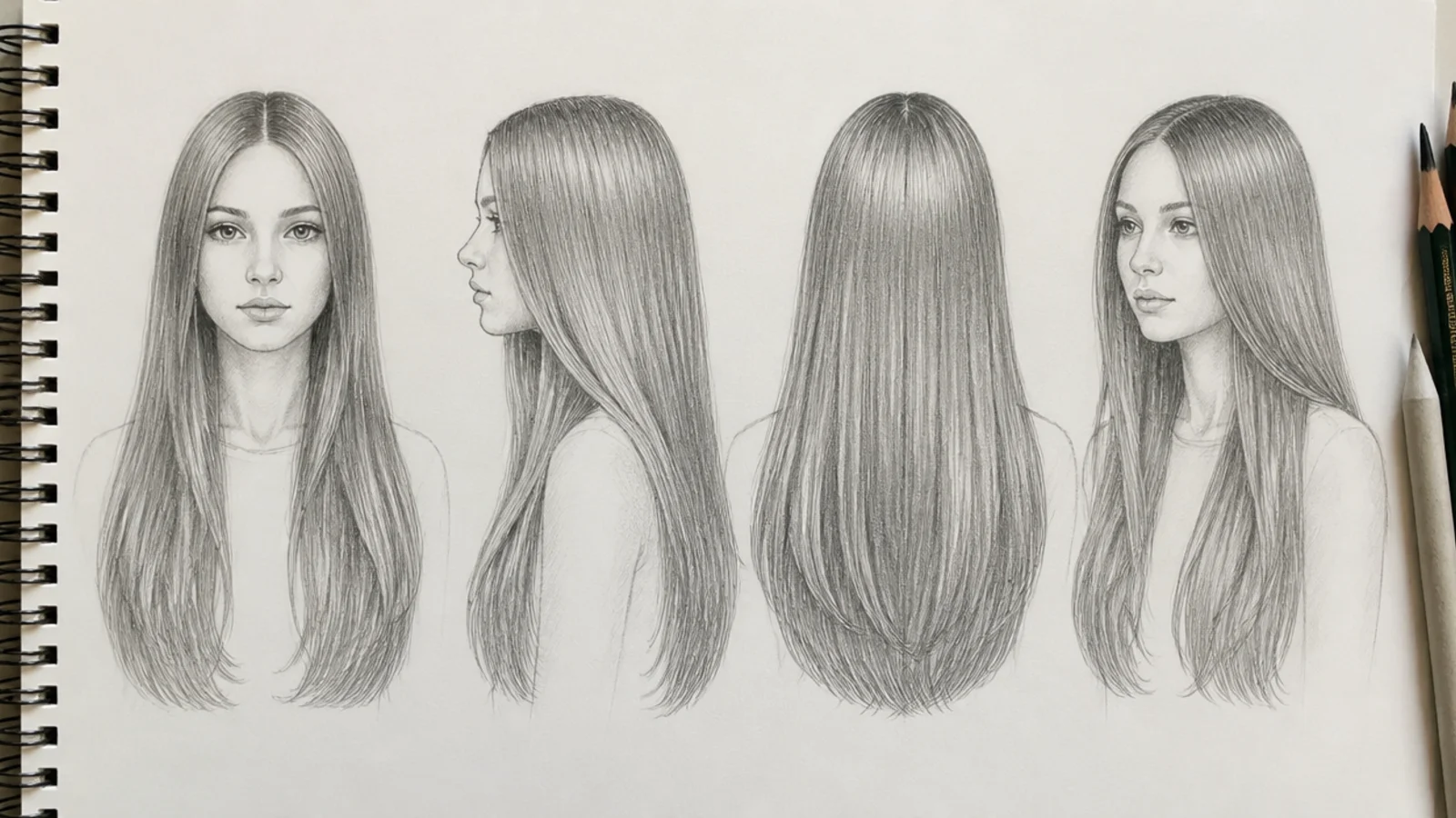 Four panel graphite hair drawing reference showing long straight hair from front, side, back and three-quarter views